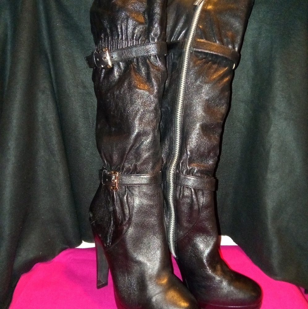 Black ruched buckle Michael Kors leather heel boot